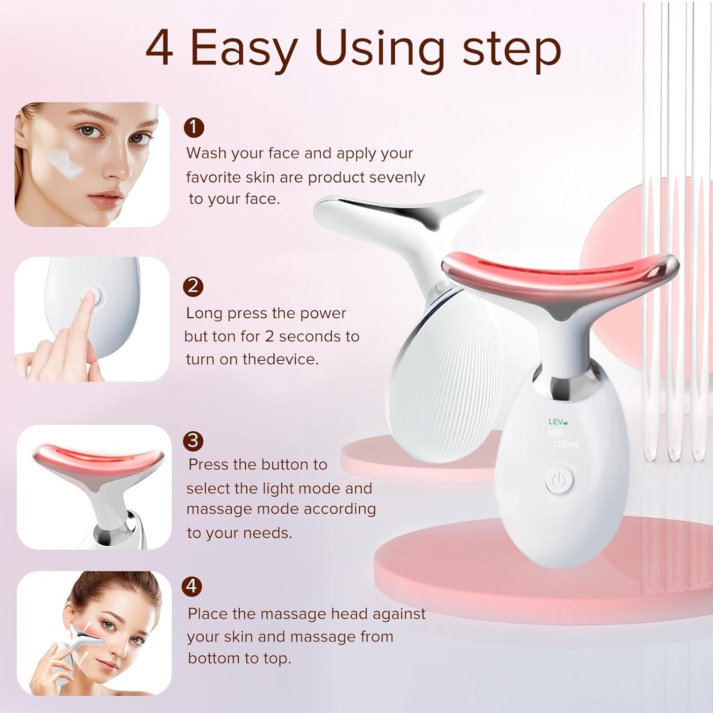 Red Light Therapy Facial and Neck Massager with 7 Color Options for At-Home Skin Care